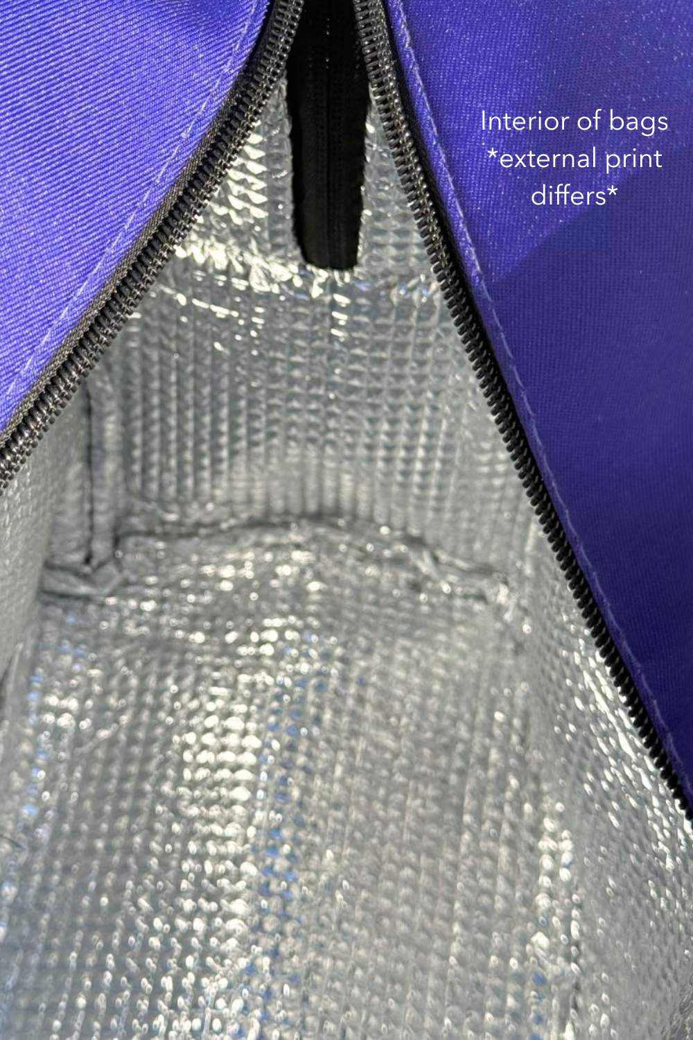 Inside of the insulated travel bag showing the silver insulated lining