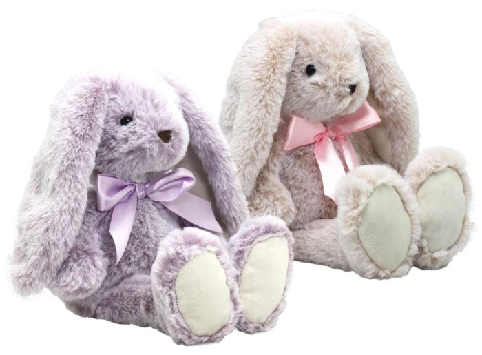 Two pink and purple plush bunny toys with bows on a white background