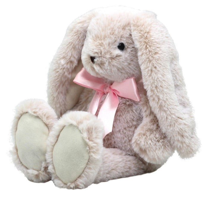 Plush pink bunny toy with a pink bow on a white background