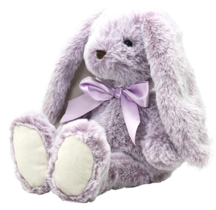 Plush purple bunny toy with a purple bow on a white background