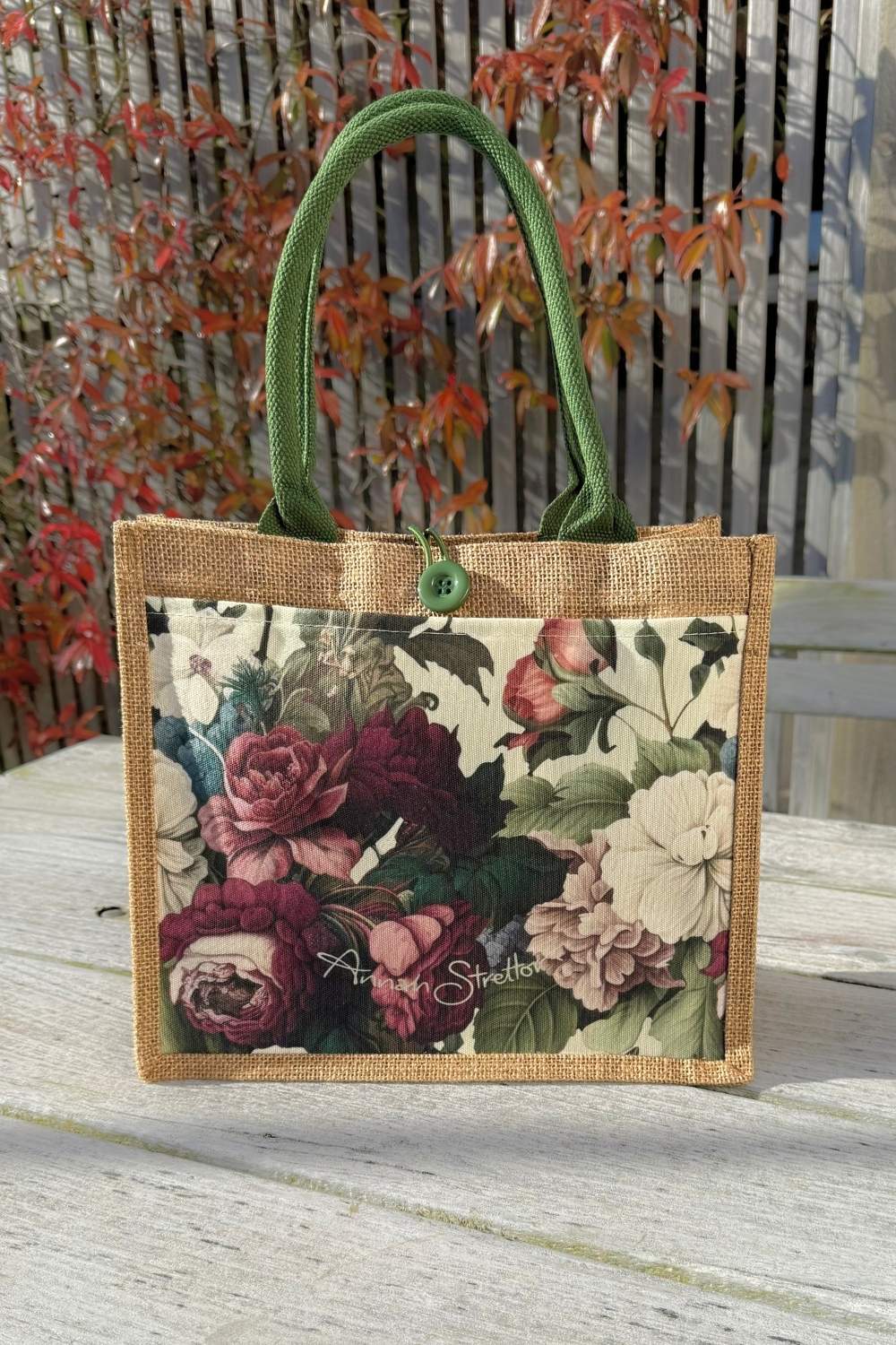 Annah Stretton J'adore Roses mini jute bag with cream floral print and jute handles