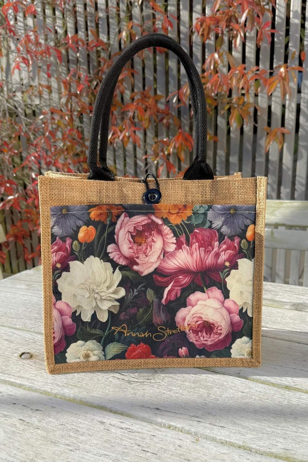 Annah Stretton Midnight Waltz mini jute bag with blue floral print and jute handles