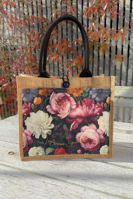 Annah Stretton Midnight Waltz mini jute bag with blue floral print and jute handles