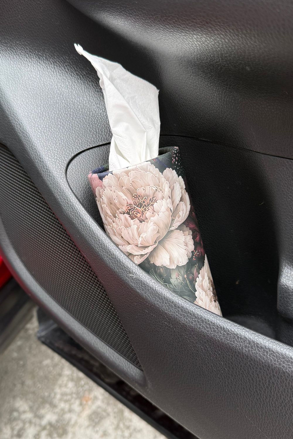 Berries on Show floral tissue cylinder sitting in a car cup holder within easy reach