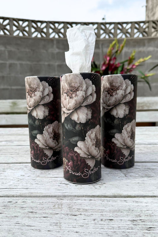 Three Annah Stretton Berries on Show refillable tissue cylinders standing side by side