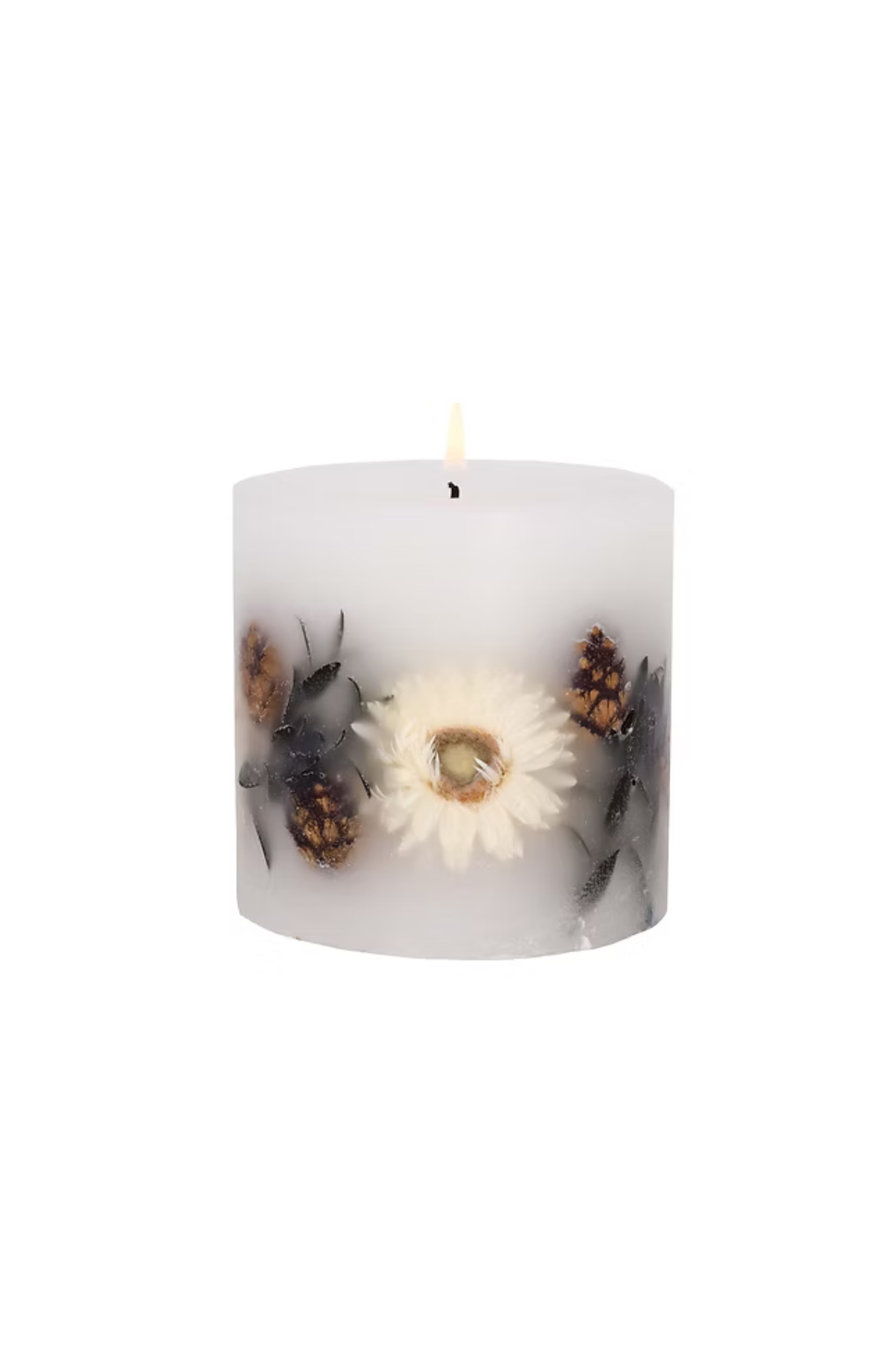 White candle with floral decorative elements on a white background