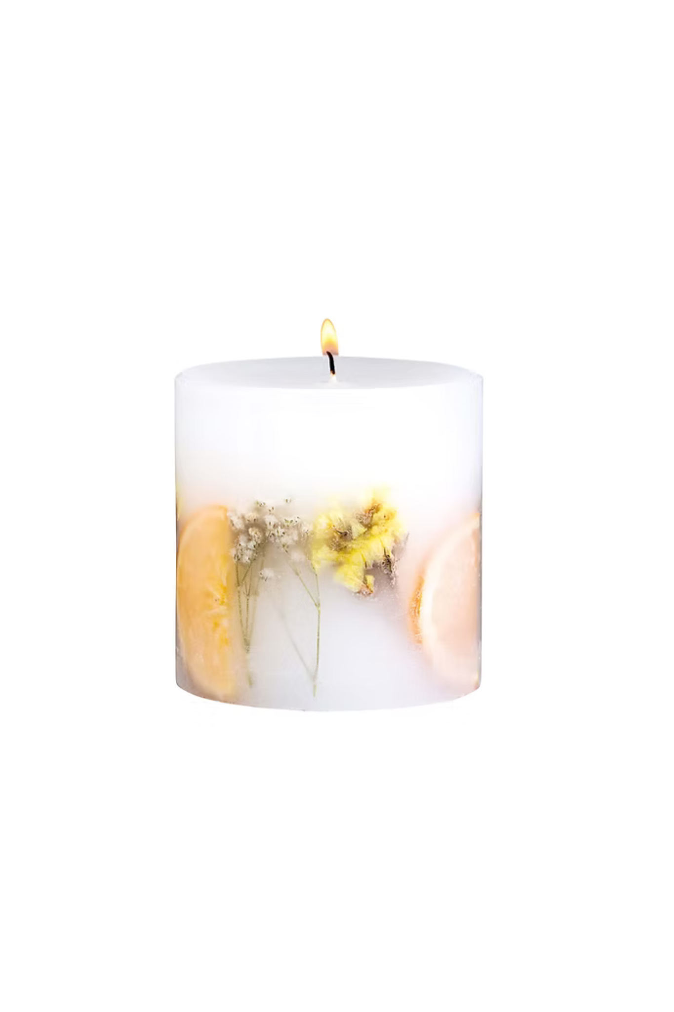 White candle with floral elements on a white background