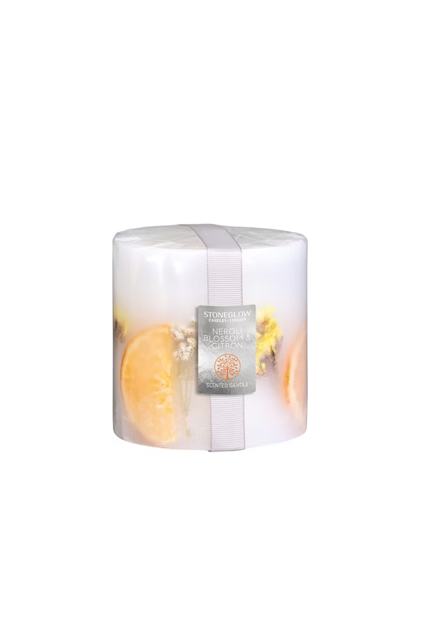 Pillar candle with a decorative label on a white background