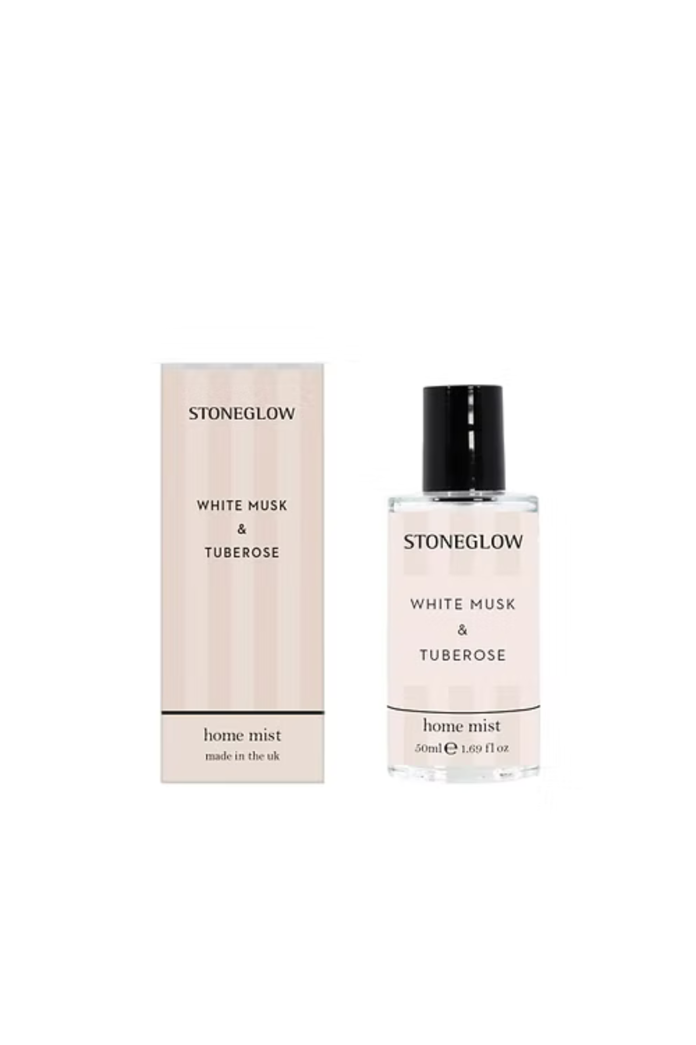 Stoneglow White Musk & Tuberose home mist bottle and packaging on a white background