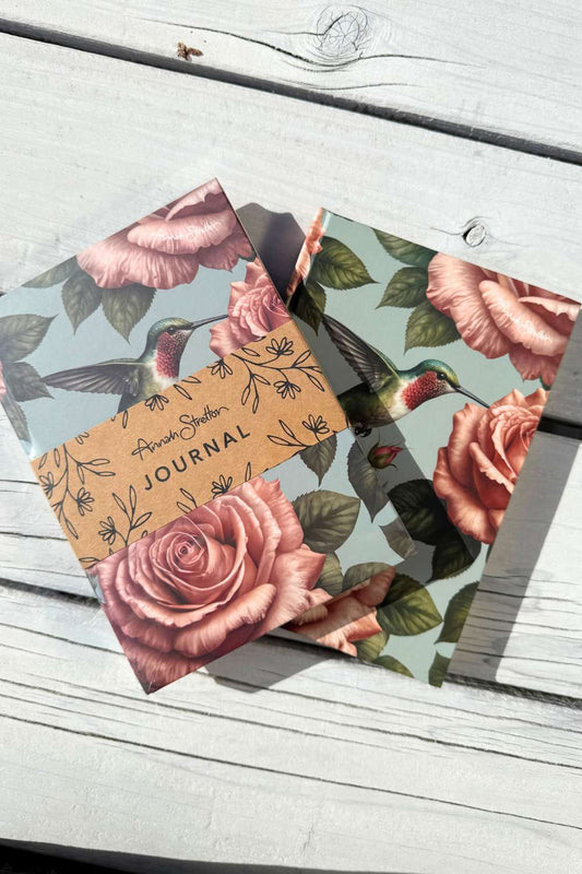Annah Stretton Romancing the Rose A5 hard cover journal with rose and hummingbird print