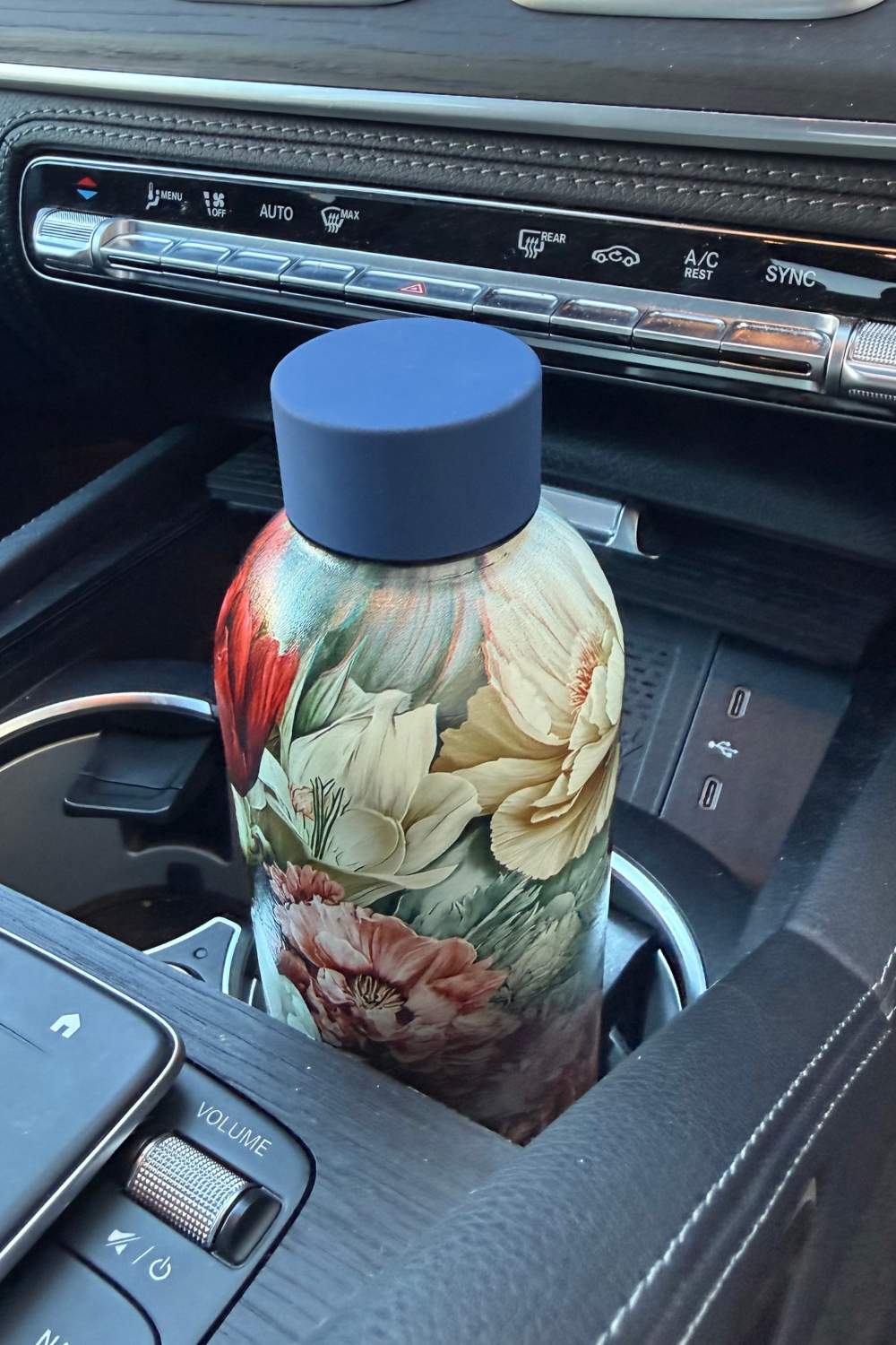 Adorable floral water bottle with white peonies and crimson poppies