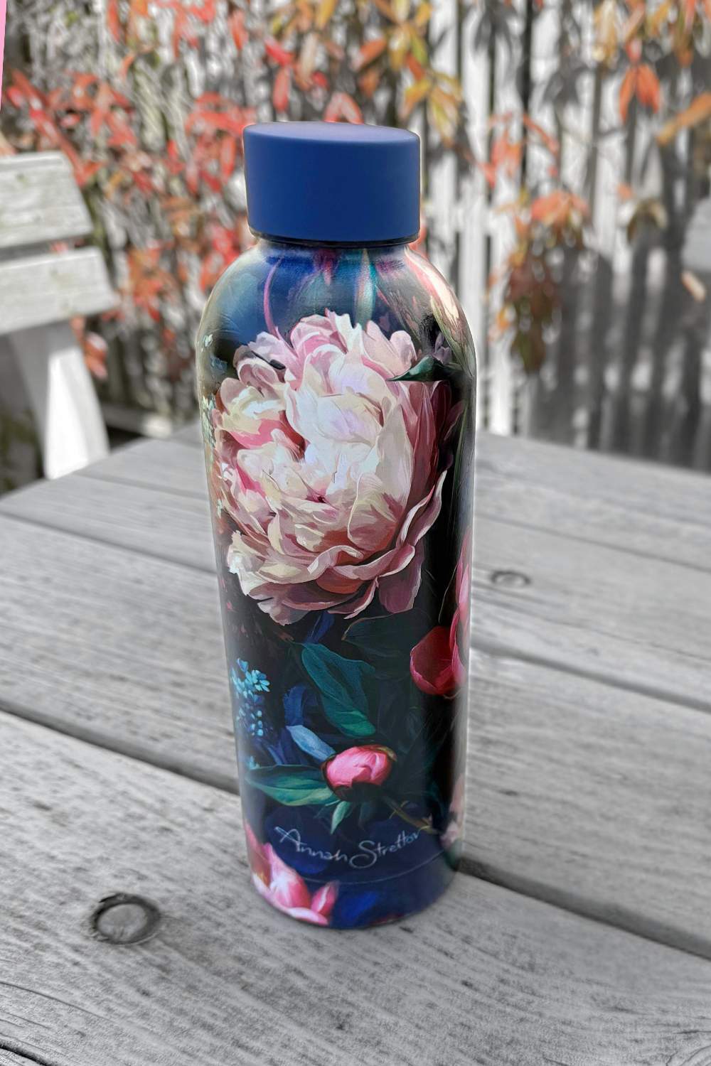 Florist’s Revenge floral print insulated water bottle with peonies