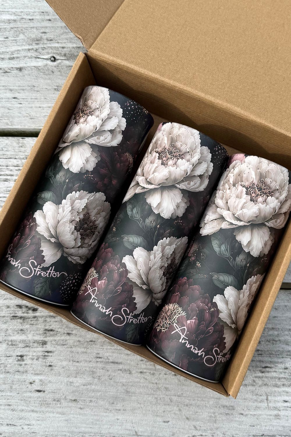 Annah Stretton gift box containing the set of three Berries on Show tissue cylinders