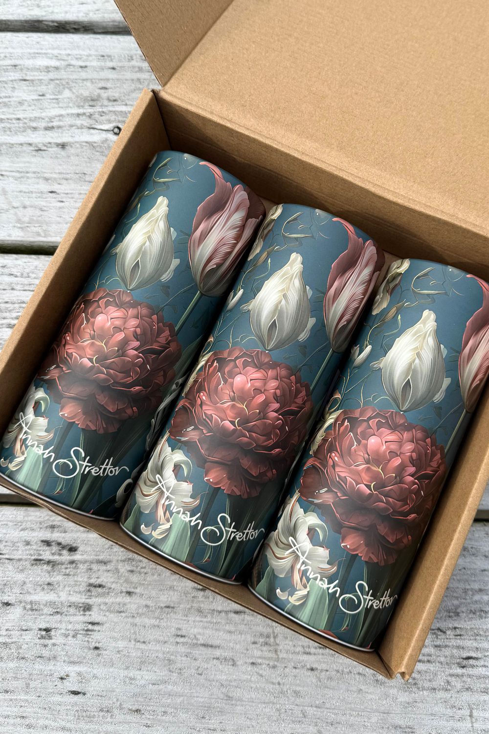 Annah Stretton gift box containing the set of three Tulip Party tissue cylinders