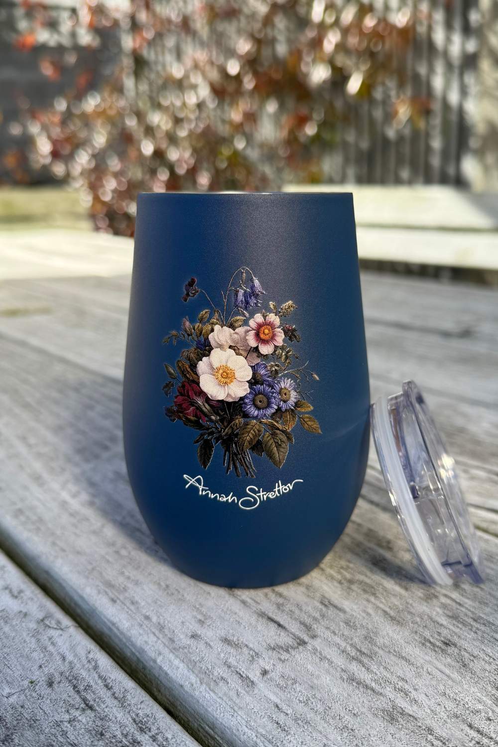 Annah Stretton Bluebell Meadow floral insulated travel mug
